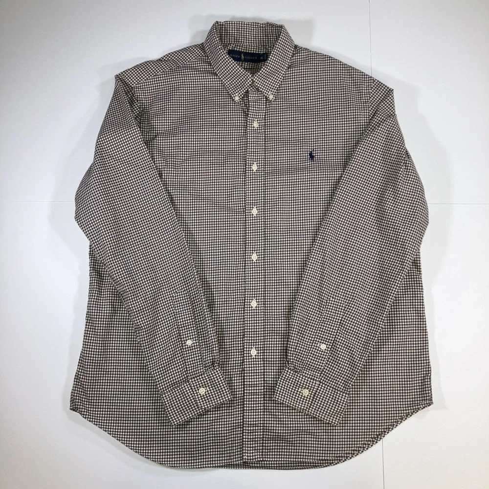 Polo‎ Ralph Lauren Shirt Mens XL Brown Gingham Check Button Down Cotton